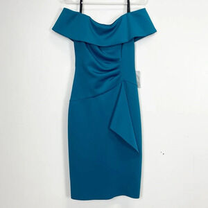 Xscape Dress Womens Size 6 Teal Blue Off Shoulder Side Ruched Scuba Cocktail NWT